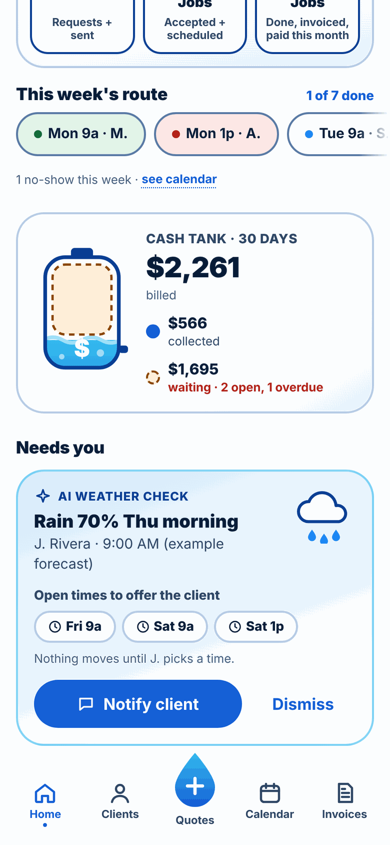 Tankful early preview: dashboard with a cash tank showing billed, collected and waiting amounts, and an AI weather check suggesting open times to offer a client