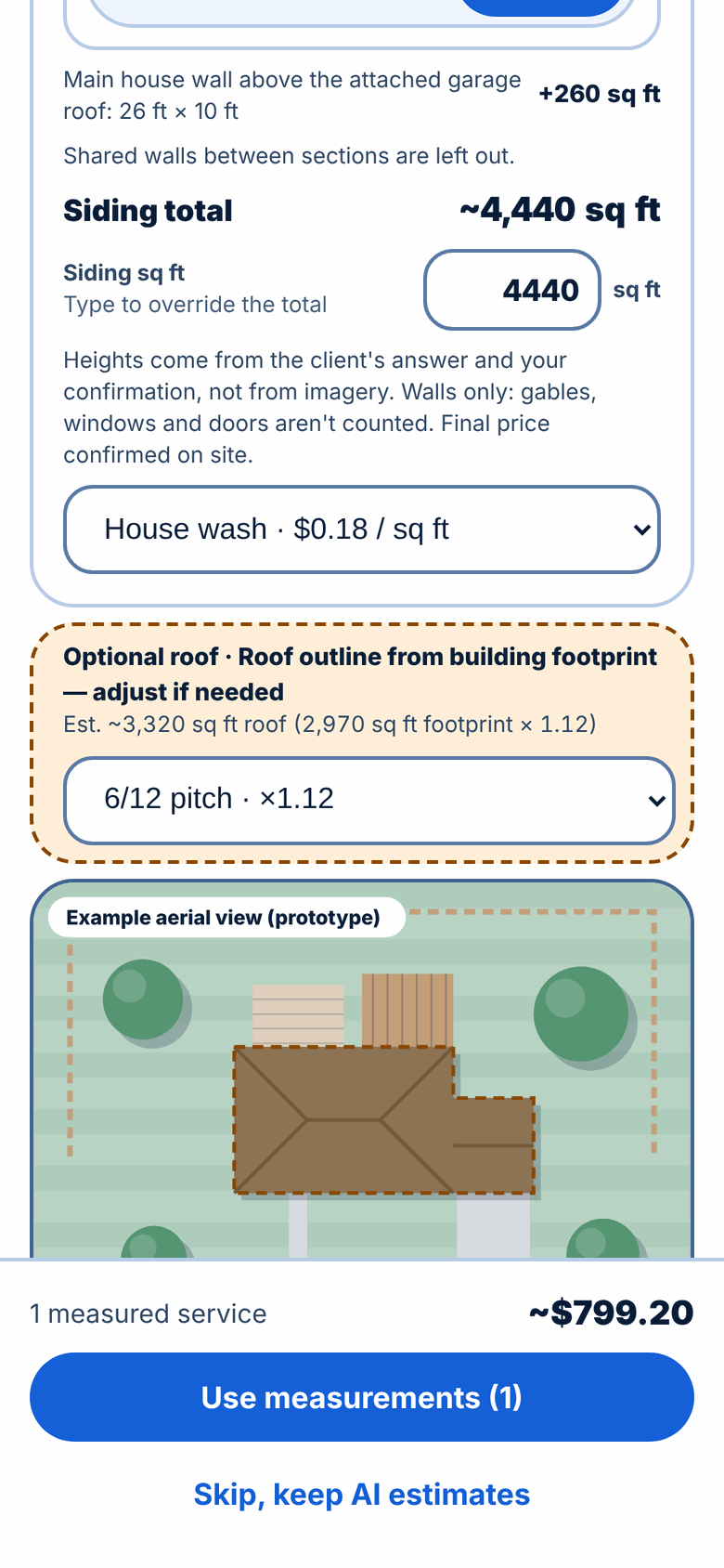 Tankful early preview: quote builder using satellite measurements, with wall heights estimated from the client's answers