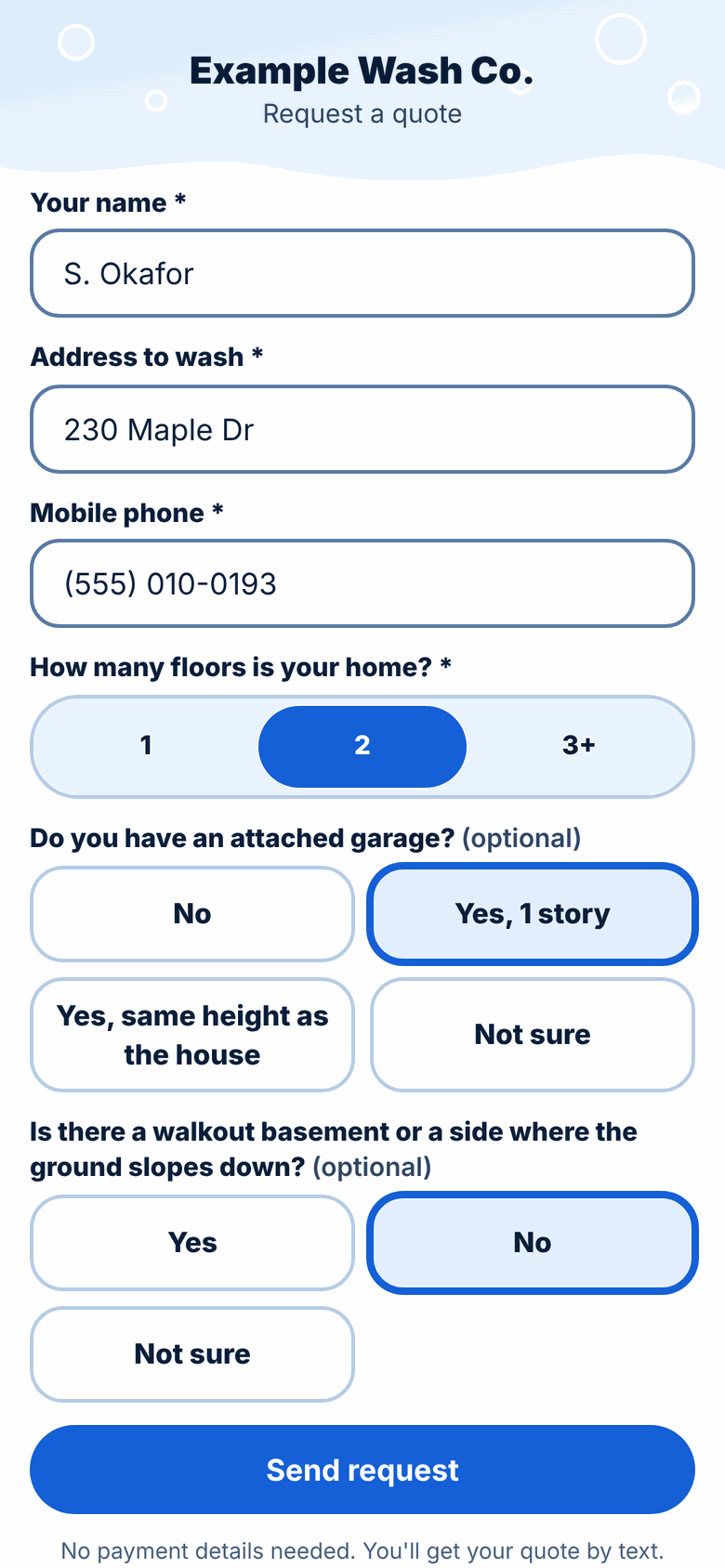 Tankful early preview: client quote request form for a pressure washing job